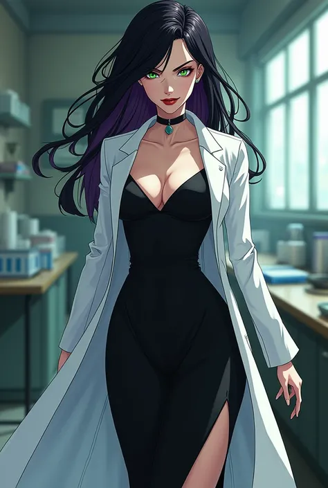 Anime style 
Woman
Human
45 years old 
Evil eyes 
Evil smile 
Villain
Red lips
White coat
Dr. Anya Nox has black hair with dark purple streaks, piercing green eyes, and always dresses in an elegant long black dress that reflects her power and authority. In...