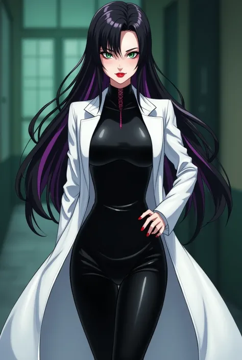 Anime style 
Woman
Human
45 years old 
Evil eyes 
Evil smile 
Villain
Red lips
White coat
Dr. Anya Nox has black hair with dark purple streaks, piercing green eyes, and always dresses in an elegant long black dress that reflects her power and authority. In...