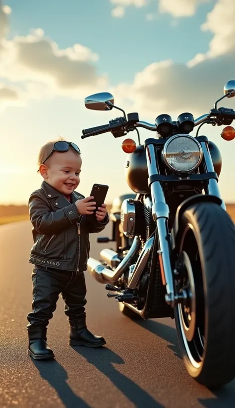 Create a hyper-realistic image of an adorable, small baby with chubby cheeks and a joyful expression, dressed in luxurious biker gear. The baby is wearing a sleek, black leather jacket with fine gold detailing, dark leather pants, and stylish biker boots, ...