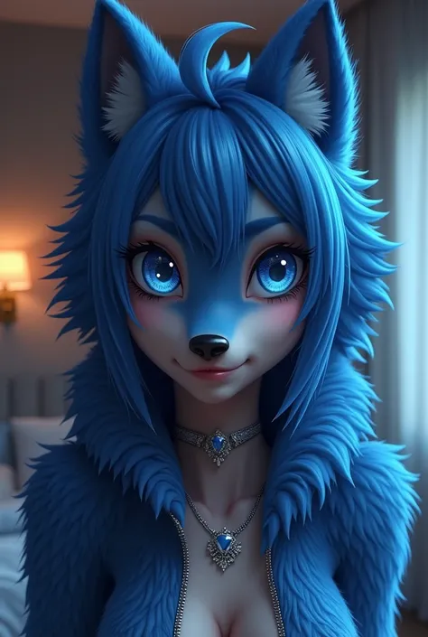    very beautiful and sexy  big even very furry breasted anthropomorphic animated adult female warewolf/ hellhound  with a completely blue  furry body   very muscular body builder that is by herself standing  in the bedroom. looking right at the camera len...