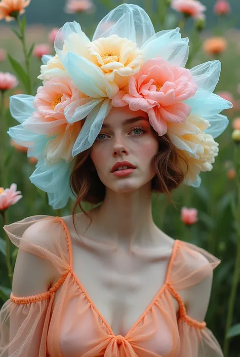 Editorial photography, pastel colors, mixed-color flowers, a headpiece made of plastic bags on the face, an interesting pose. --ar 3:4 --style raw