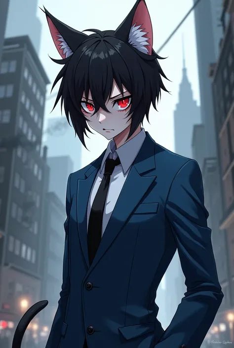 Catboy, anime, red eyes, pale skin, black hair, blue suit black tie, old industrial modern gray city on background