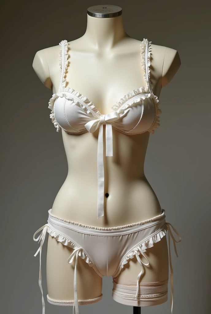  Make such lingerie and put it on top of a mannequin :  a pale white ,  plus a crop top than anything else ,  all silk and ruffles ,  in the middle of the top a ribbon that could make it undo and show the nipples ,  with a white waistband ,  panties under ...