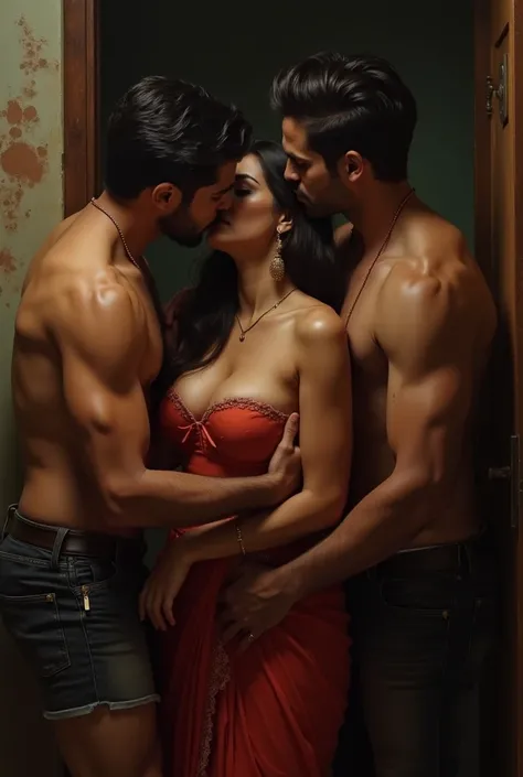 Maratha housewife kissing two man husband and his friend, her bosom visible