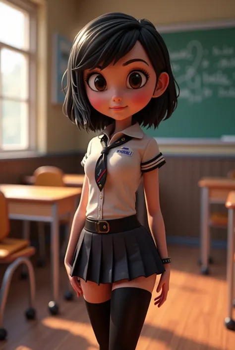 Vanellope dressed as a realistic schoolgirl with a half butt miniskirt and black tights in 3d