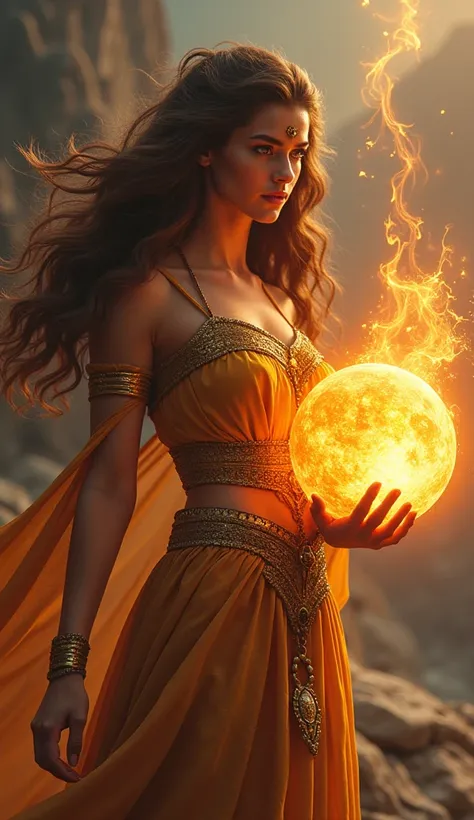 
"Image of a brown goddess from mythology,  with an impressive beauty and an intense and penetrating look. she is standing,  with a majestic posture , holding a fireball in your hands,  with flames shining and dancing around .  The goddess has long, wavy h...