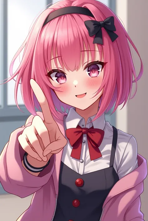 anime girl with pink hair and a bow pointing at something, with index finger, lofi girl, anime aesthetic, anime vibes, guweiz, anime visual of a cute girl, anime style. 8k, lofi portrait, lofi artstyle, [[[[grinning evily]]]], artwork in the style of guwei...