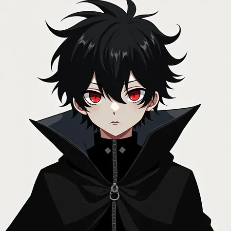 Anime boy with black hair, Red eyes, with an open cloak, messy hair style, black outfit, deadpan expression, dead eyes, comical stare