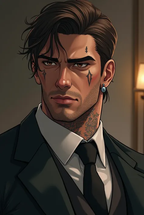 A strong, muscular mafia man with a piercing in the corner of his lip. Tattooed and wearing a suit, brown hair with a few strands falling over his forehead. a mole under his left eye and a small burn scar on his chin, a cassino behind him. Make him in a ar...