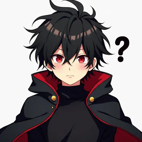 Anime boy with black hair, Red eyes, with an open black cloak with a red interrior, messy hair style, black outfit, deadpan expression, dead eyes, comical stare, zoned out, 2 question marks on the right side of the head