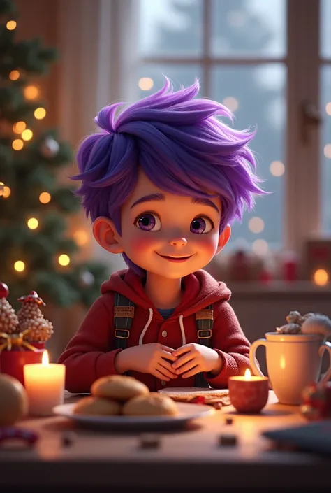 Boy with purple hair celebrating Christmas alone but happy