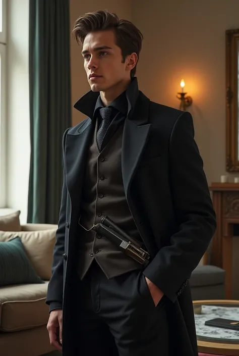 Young modern english wizard from Rich familly standing in apartament in London with gun under his coat