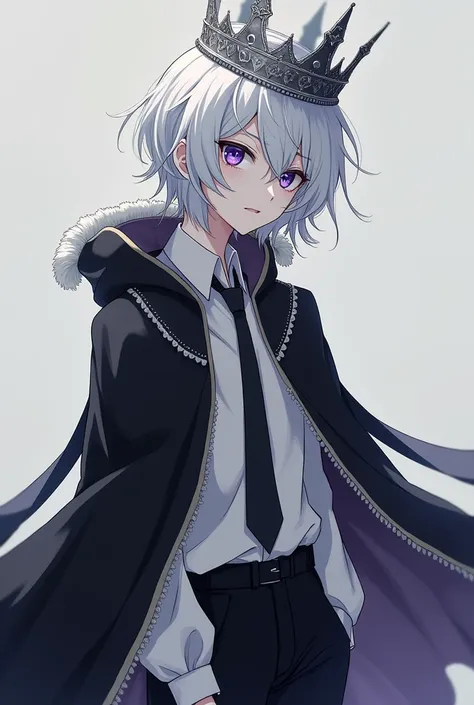 A gray-skinned anime teenager,  disheveled white hair,  right eye white with purple iris ,  left eye black with purple iris ,  dressed in a long sleeve white shirt , a black tie,  black pants , black boots,  a black cape with white wool on the edges and a ...