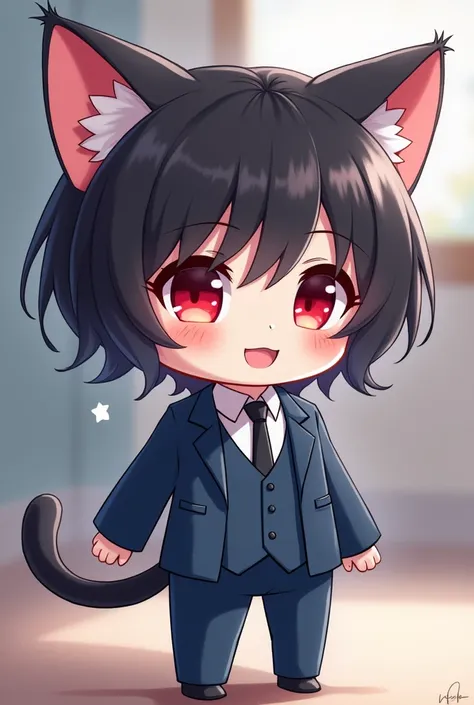 Anime chibi catboy, white pale skin, black hair, dark red eyes, blue suit black tie