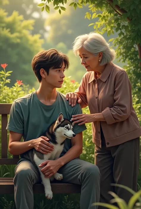 Young man sitting on the bench in the garden. And old lady standing on the right side. One hand of the old lady is on man’s right shoulder. A cat is sitting in mans lab. A husky on the left side on man. One of man’s hand is placed on husky. Both looking in...