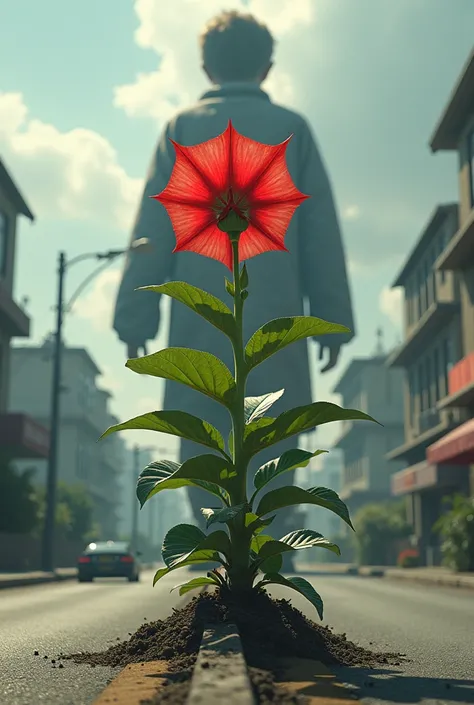 a flower with red square leaves, the plant is growing in the middle of a road and a gigant boy in the background  