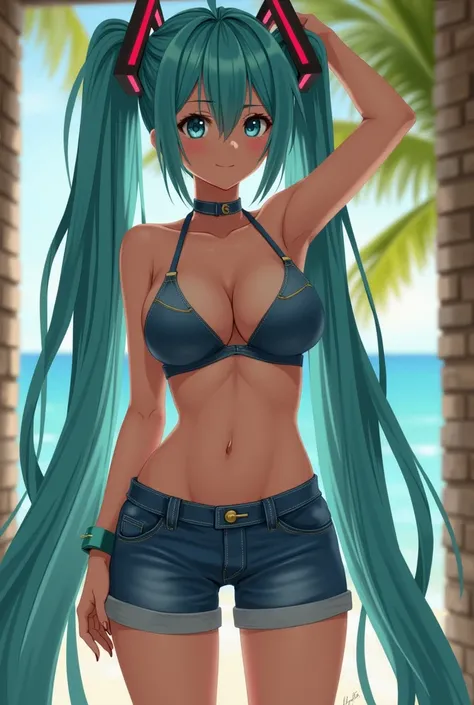 Brazilian Hatsune Miku only in micro denim shorts with her huge cock out cumming