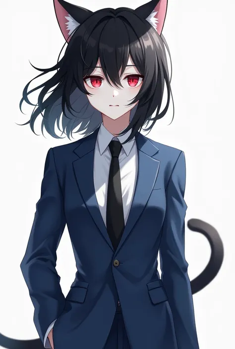 Anime catboy, white pale skin, black hair, dark red eyes, blue suit black tie, small waist, white background 