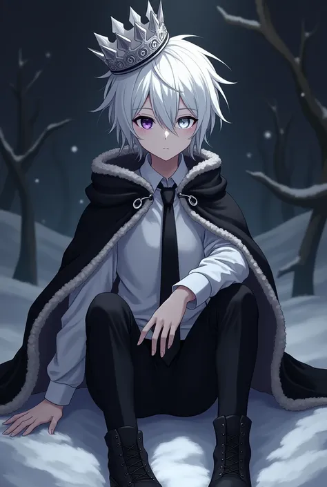 A gray-skinned anime teenager,  disheveled white hair,  right eye white with purple iris ,  left eye black with purple iris ,  dressed in a long sleeve white shirt , a black tie,  black pants , black boots,  a black cape with white wool on the edges and a ...