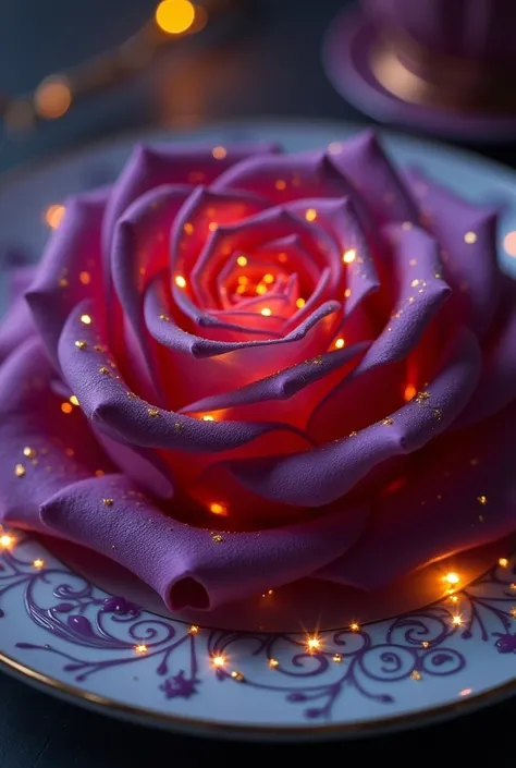  8 bits, Pixel art,  clock, cozy and cute .  Magic Rose Petals ,  with a deep purple hue and edges that emanate a faint luminous golden hue. They have small spots of light that look like stars on the surface .  The petals are arranged on a plate decorated ...