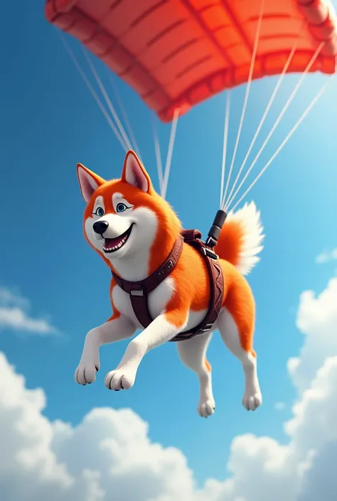 Red-mantled Husky jumping in a parachute 