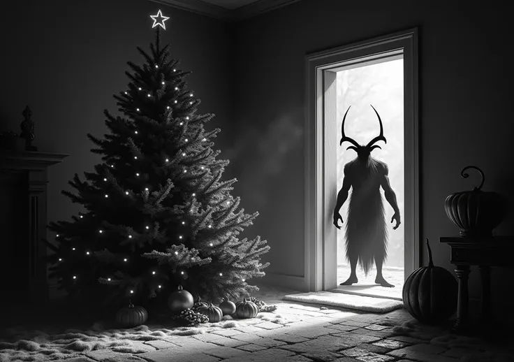  high-quality art style image ,  Black and white, inside a shady house ,  on the left side there must be a pretty Christmas tree ,  and on the left side of the image hidden behind the Christmas tree there must be a terrifying silhouette of a Krampus-like d...