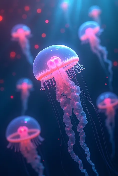 Jellyfishs floating in the ocean with a galaxy background, Concept art by Beeple ,  trending at CGSociety ,  psychedelic art, space Jellyfish, Jellyfishes, Jellyfish fractal, cyberpunk Jellyfish, Jellyfish dancing, neon Jellyfish,  Amazing Space Creatures ...