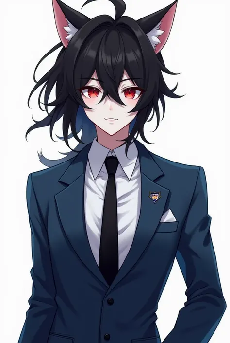 Anime catboy, white pale skin, black hair, dark red eyes, blue suit black tie, small waist, white background 