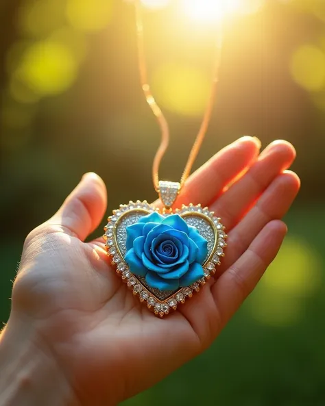 One hand holds a very large and delicate necklace pendant in the sunlight . The pendant is designed in the shape of a heart with a bright blue rose in the center, surrounded by sparkling embellishments to symbolize preciousness and love . The colors are br...