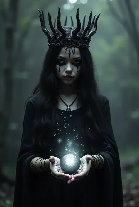  Beautiful 18-year-old human girl, pale black warrior with a black crown on her head with totally black eyes with nothing white in them ,lines like rays of a negro on her body hands creating a dark black ball of magic ,atmosphere an army of ghosts , sorcer...