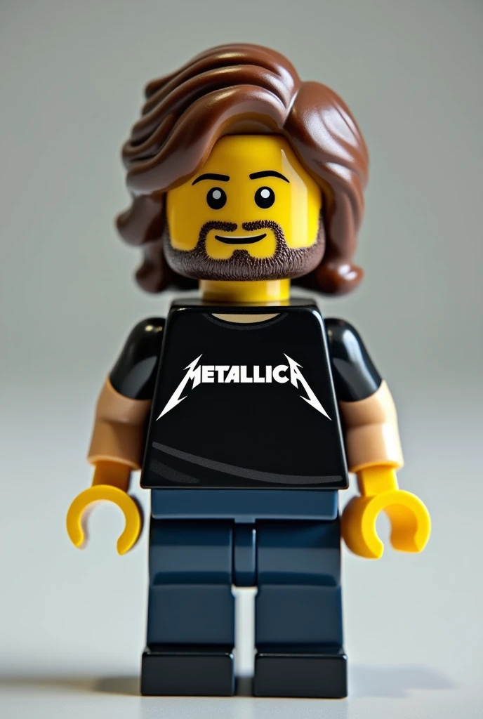 Lego piece for men without a beard with long brown hair with a Metallica shirt greeting you