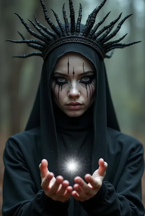  Beautiful 18-year-old human girl, pale black warrior with a black crown on her head with totally black eyes with nothing white in them ,lines like rays of a negro on her body hands creating a dark black ball of magic ,atmosphere an army of ghosts , sorcer...