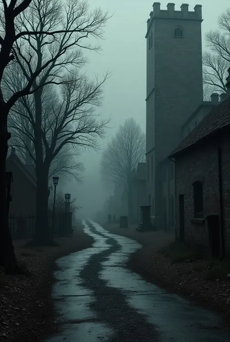 A dark street in town ,  with a gothic gray filter .  A road on the left with trees and extremely dark.  Right on the other hand a graveyard with walls  