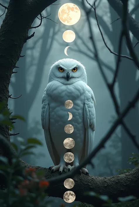 Vertical image ,  symbol of the lunar phases in order,  white owl , forest,  esotericism , YULE 