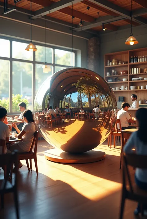 A cafe with a mirror sphere in the middle