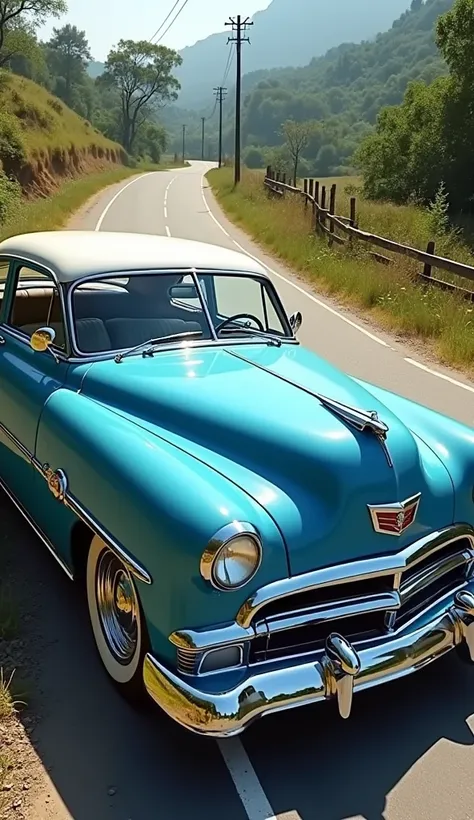  A blue vintage car with white stripes and a big star on the hood. Bottom: a rural road from the 1940s .