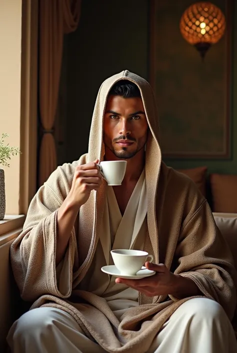 Cristiano Ronaldo in Moroccan djellaba drinking tea