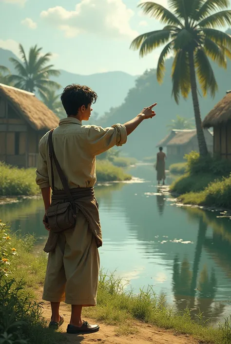 A 20-year-old boy is pointing a girl into the distance by the river bank in his village.  Bilal is written behind the boy