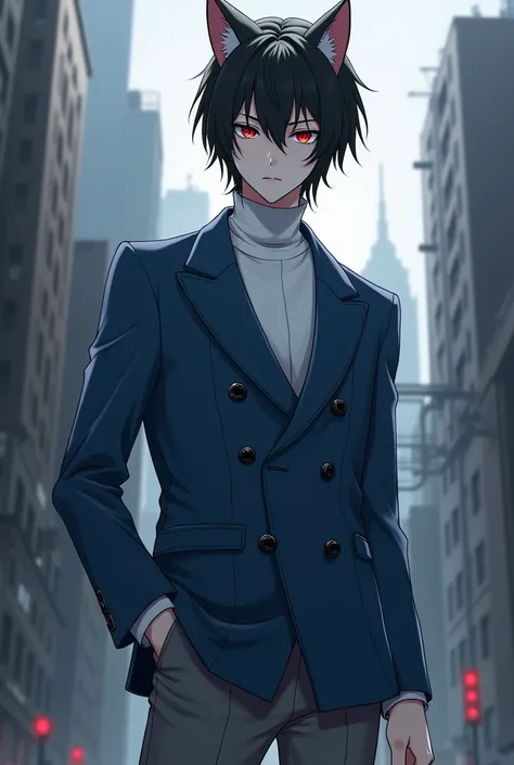 Anime catboy, white pale skin, black hair, dark red eyes, blue double breasted blazer, white turtle shirt, gray pants, old industrial modern gray city on background