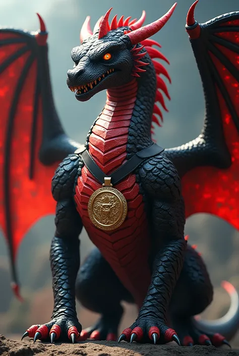 A black and red dragon with a UFC medal on his shoulders 