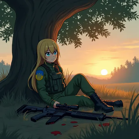  Blonde anime girl with long hair  , is wearing a bulletproof vest and a stormtrooper uniform Green pixel ,  on her shoulder a chevron with the flag of Ukraine , there is an M416 ,  sitting under a big tree at sunset , head down , open eyes look down, clot...