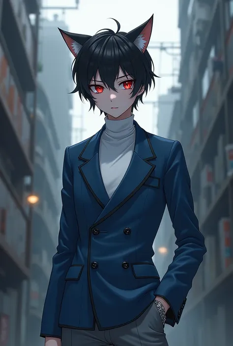 Anime catboy, white pale skin, black hair, dark red eyes, blue double breasted blazer, white turtle shirt, gray pants, old industrial modern gray city on background