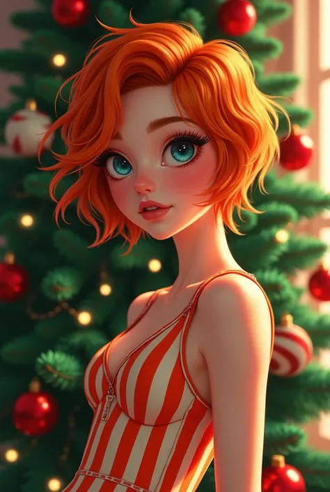 Ai white girl, short red hair with a orange and white strips dress in front of a christmas tree