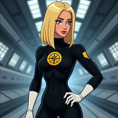  Create a character called Captain Otan in 2D animation style inspired by superhero cartoons from the 2000s. She must have straight blond hair ,  with shoulder length ,  expressive light gray eyes and striking facial features .  Your clothing must be a uni...