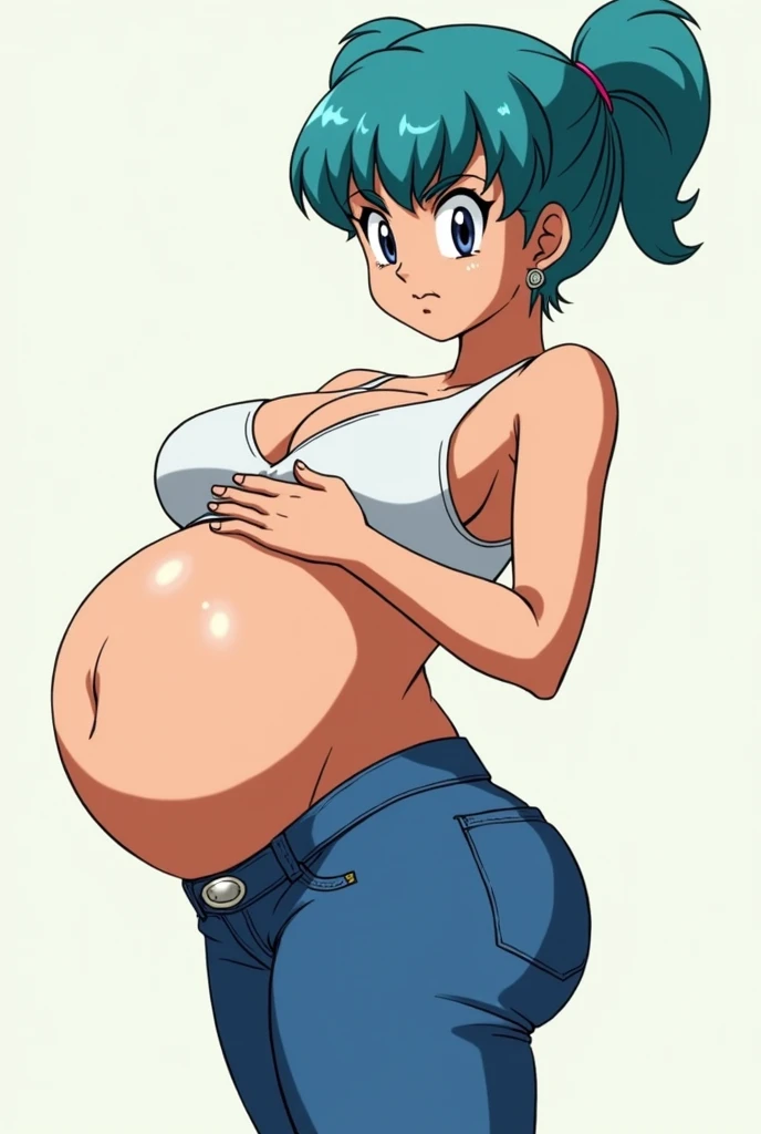 Bulma is a short-lived animated character from the Dragon Ball series showing off her huge ass while holding her huge ass upright, she has a very perverted look, she wears tight jeans that reveal a small thong, she also wears a small white blouse with a la...