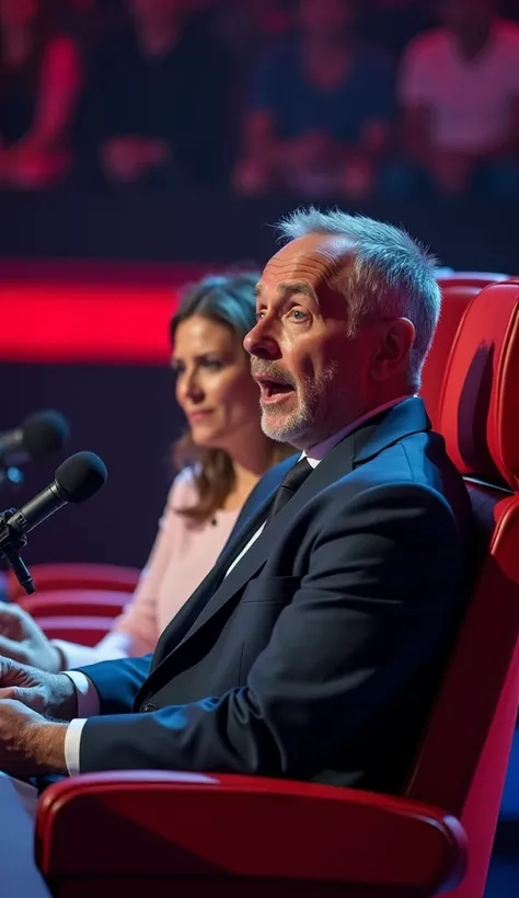  Close portrait, A man and a woman sitting on the bench of judges at a TV talent show making surprised expression, bench, microphones, surprised expression, dramatic lighting, cinematic composition, highly detailed, photorealistic, 8k, (best quality, 4K, 8...