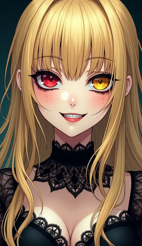  heterochromia,  right eye red , left eye yellow ,  Blonde , black lace, Japanese anime ,  color manga , manhwa, illustration, manhwa cover,  long blond hair ,  gothic makeup , mature woman, darkness, horror, Creepy smile, villainous smile