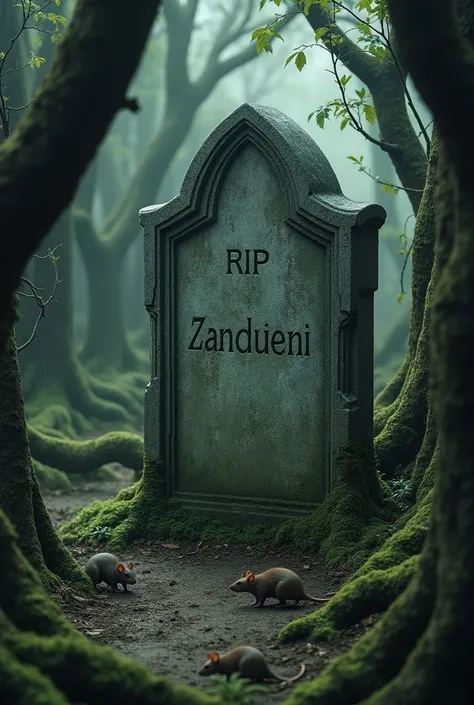 A tomb written on it "rip zandieni" with a front view and some rats on the tomb