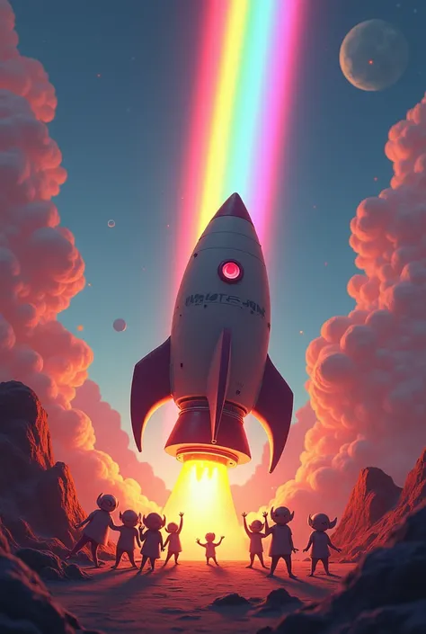  a rocket generator turned on,  emitting rainbow light , with little aliens celebrating around