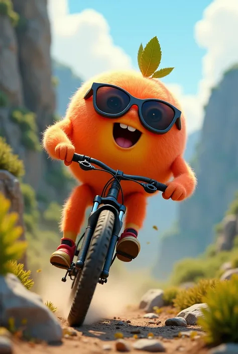 An animated peach with sunglasses riding a mountain bike